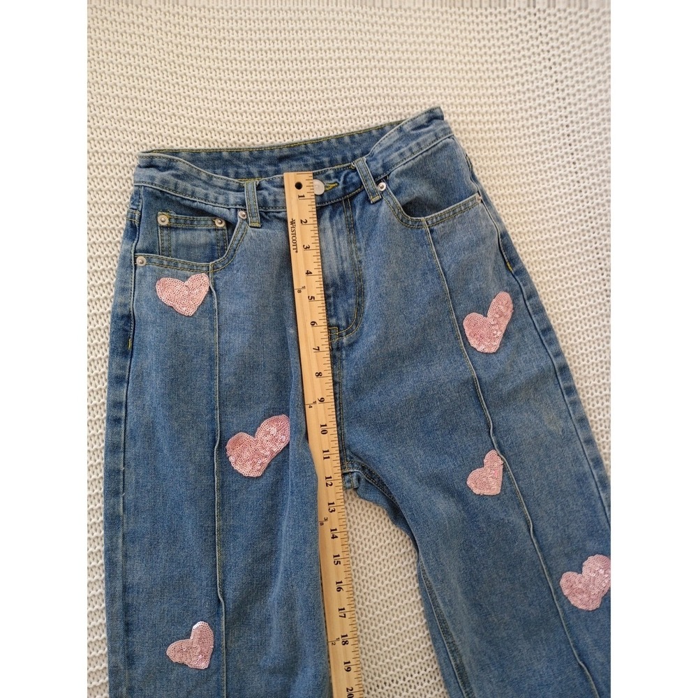 CIDER PINK Closet Sequin Heart Straight Leg Jeans High Rise Side Slit S 25x30 - Picture 5 of 10